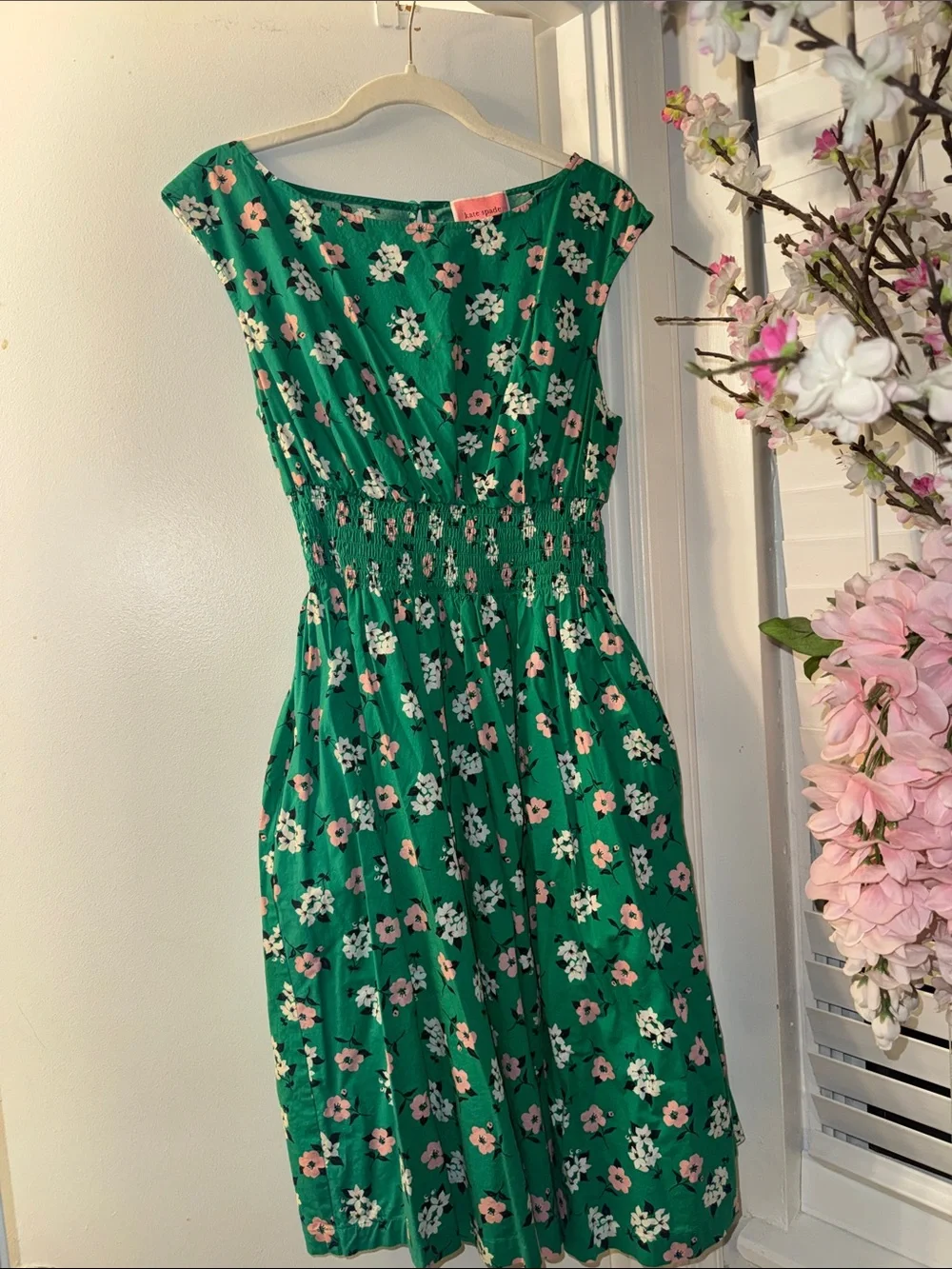 kate spade Green Floral Midi Dress with Pink & White Blooms